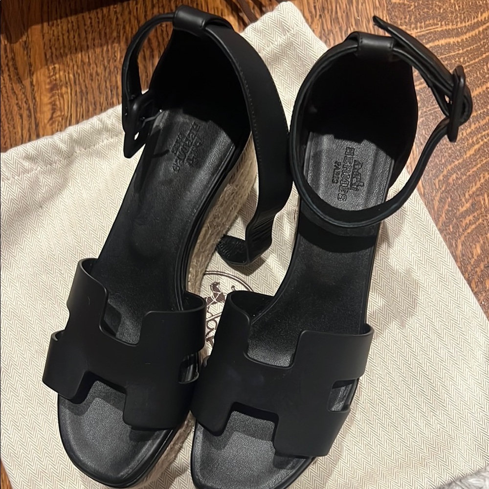 Hermes Black Leather Sandals with H Cutout Design